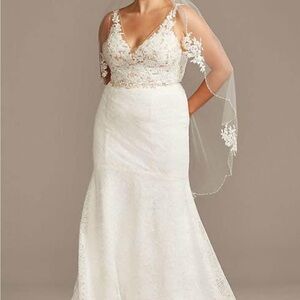 Floral, romantic applique illusion v-back sheer, lace mermaid wedding dress